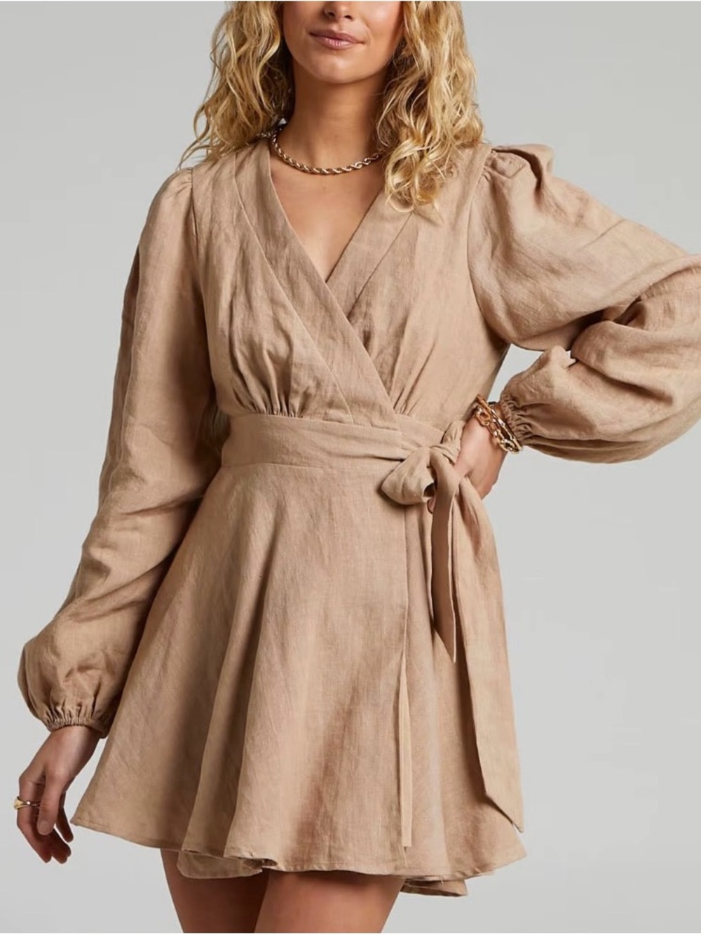 Showpo Linen-Style Tie-Waist Long Sleeve Mini Dress in Beige Taupe
